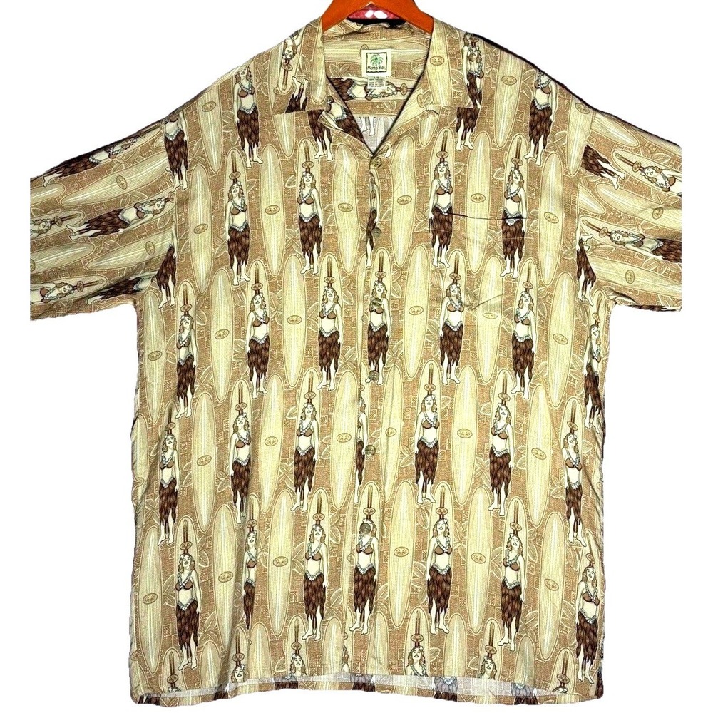 Morro Bay Hula Girl Surfboard Hawaiian Shirt Mens L Tan Viscose‎ Resort wear